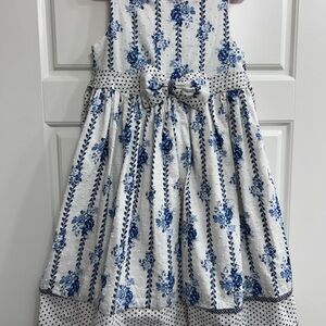 Laura Ashley White Dress with Blue Floral Print and Polka-Dot Bow